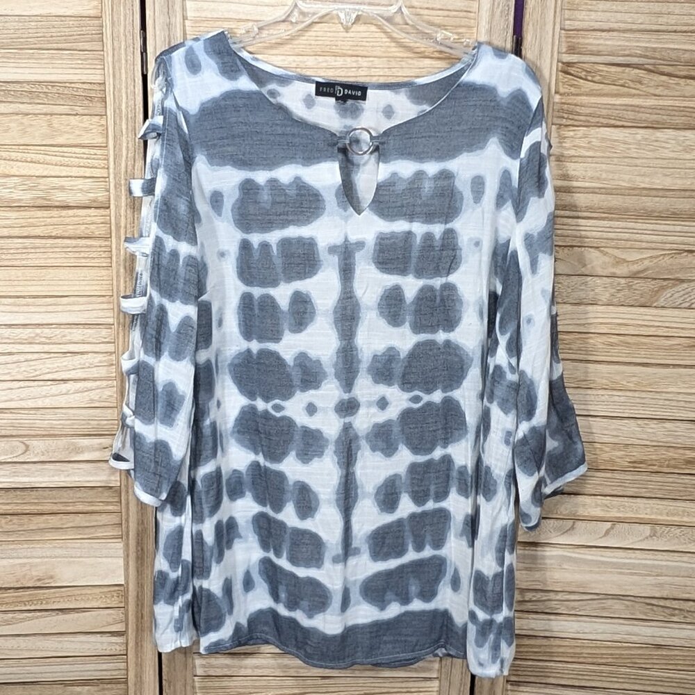 Fred David Top Tie-Dye Cold Shoulder Tunic Gray White Tie-Dye Ring Detail SZ 1X